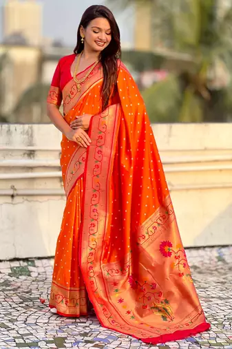 Woven bandhani paithani fusion silk saree
