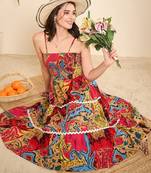 Women pink geometric print cotton flared strappy dress