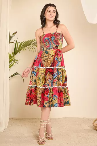 Women pink geometric print cotton flared strappy dress