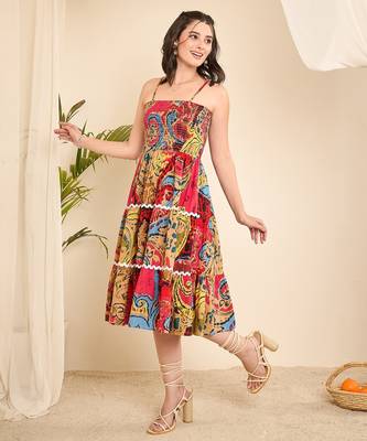 Women pink geometric print cotton flared strappy dress 4