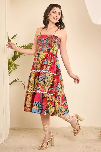 Women pink geometric print cotton flared strappy dress