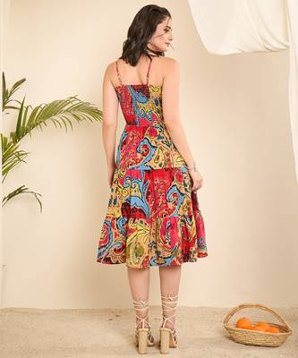 Women pink geometric print cotton flared strappy dress 5