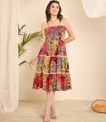 Women abstract printed smocking tiered dress