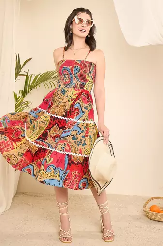 Women abstract printed smocking tiered dress