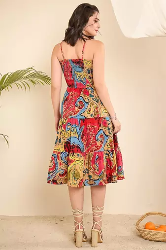Women abstract printed smocking tiered dress