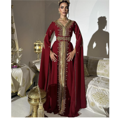 Royal Maroon Embroidered Moroccan Stitched Kaftan with Golden Handwork & Cape Sleeves 1