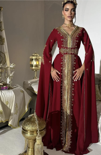 Royal Maroon Embroidered Moroccan Stitched Kaftan with Golden Handwork & Cape Sleeves
