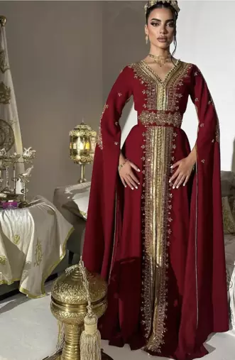 Royal Maroon Embroidered Moroccan Stitched Kaftan with Golden Handwork & Cape Sleeves