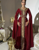 Royal Maroon Embroidered Moroccan Stitched Kaftan with Golden Handwork & Cape Sleeves