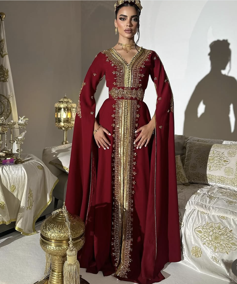Royal Maroon Embroidered Moroccan Stitched Kaftan with Golden Handwork & Cape Sleeves