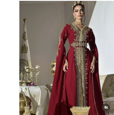 Royal Maroon Embroidered Moroccan Stitched Kaftan with Golden Handwork & Cape Sleeves 2
