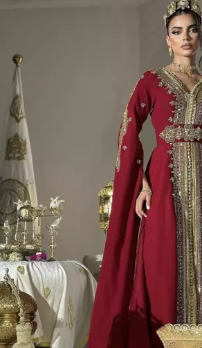 Royal Maroon Embroidered Moroccan Stitched Kaftan with Golden Handwork & Cape Sleeves