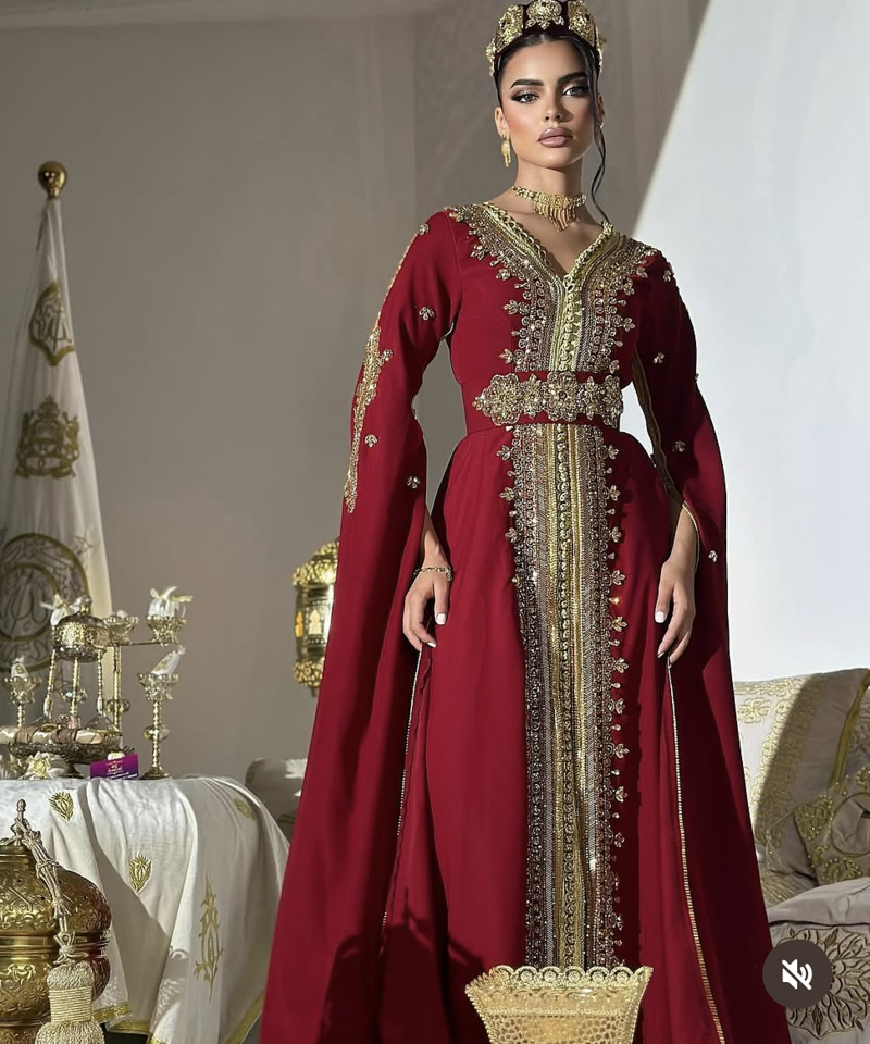 Royal Maroon Embroidered Moroccan Stitched Kaftan with Golden Handwork & Cape Sleeves
