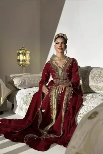 Royal Maroon Embroidered Moroccan Stitched Kaftan with Golden Handwork & Cape Sleeves