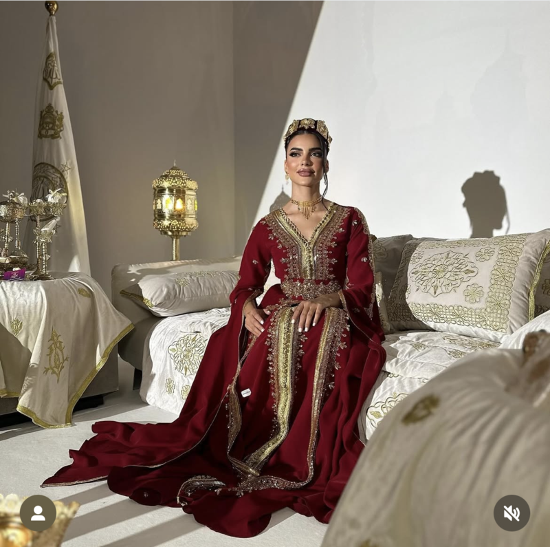 Royal Maroon Embroidered Moroccan Stitched Kaftan with Golden Handwork & Cape Sleeves