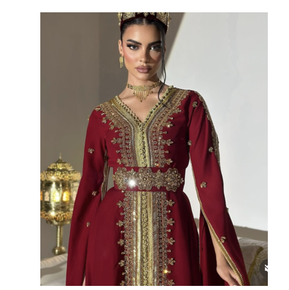 Royal Maroon Embroidered Moroccan Stitched Kaftan with Golden Handwork & Cape Sleeves 4