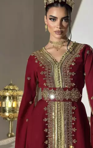 Royal Maroon Embroidered Moroccan Stitched Kaftan with Golden Handwork & Cape Sleeves