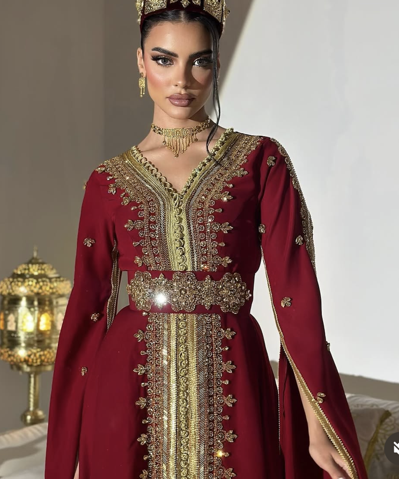 Royal Maroon Embroidered Moroccan Stitched Kaftan with Golden Handwork & Cape Sleeves