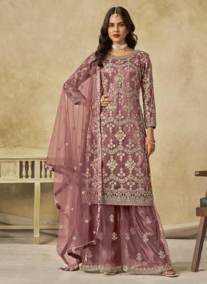 Onion pink embroidered sequins work net palazzo kameez 1