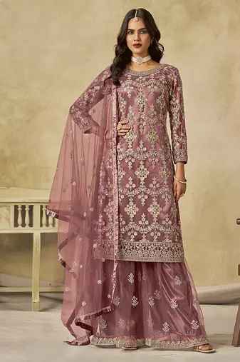 Onion pink embroidered sequins work net palazzo salwar kameez