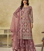 Onion pink embroidered sequins work net palazzo salwar kameez
