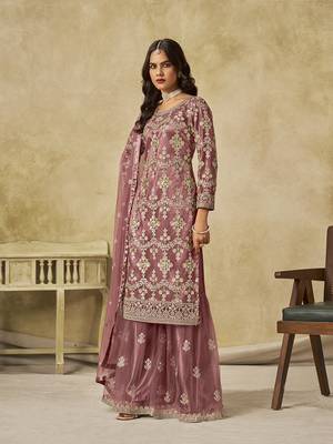 Onion pink embroidered sequins work net palazzo kameez 2