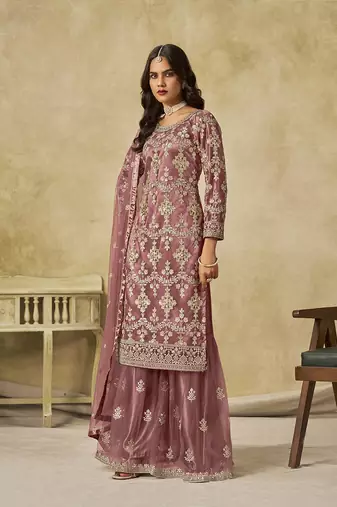 Onion pink embroidered sequins work net palazzo kameez