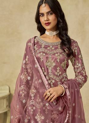 Onion pink embroidered sequins work net palazzo kameez 3