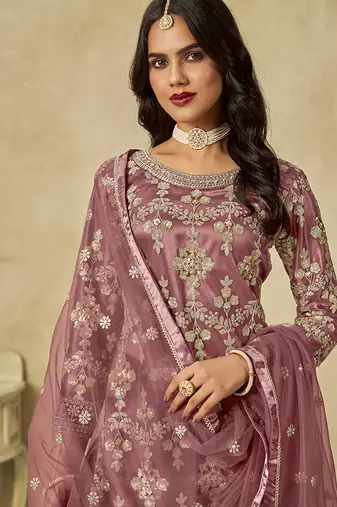 Onion pink embroidered sequins work net palazzo kameez