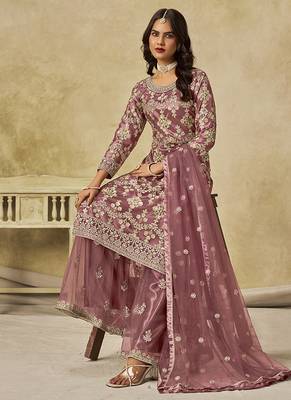 Onion pink embroidered sequins work net palazzo kameez 4
