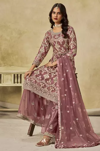 Onion pink embroidered sequins work net palazzo kameez