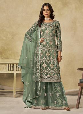 Sea green embroidered sequins work net palazzo kameez 1