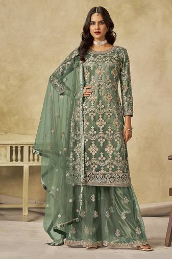 Sea green embroidered sequins work net palazzo salwar kameez