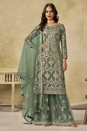 Sea green embroidered sequins work net palazzo salwar kameez