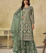 Sea green embroidered sequins work net palazzo salwar kameez