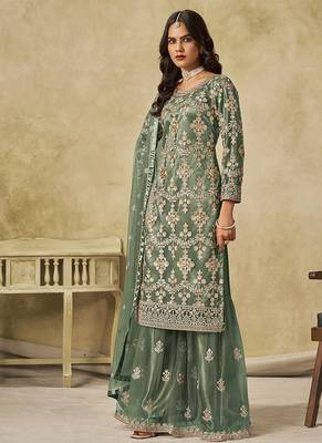 Sea green embroidered sequins work net palazzo kameez 2