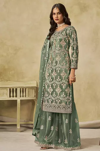 Sea green embroidered sequins work net palazzo kameez