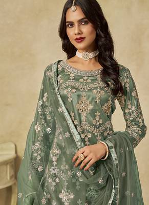 Sea green embroidered sequins work net palazzo kameez 3