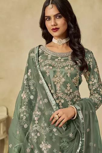 Sea green embroidered sequins work net palazzo kameez