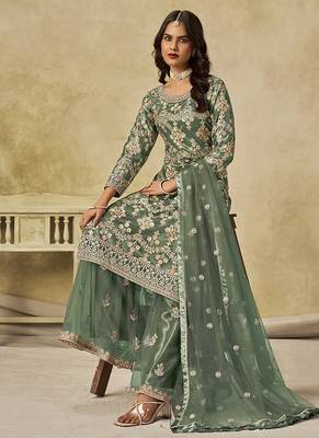 Sea green embroidered sequins work net palazzo kameez 4