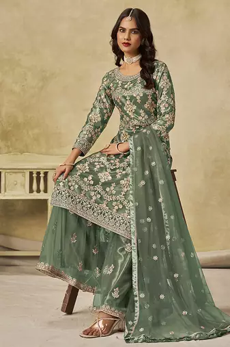 Sea green embroidered sequins work net palazzo kameez