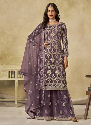 Mauve embroidered sequins work net palazzo kameez 1