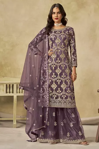 Mauve embroidered sequins work net palazzo salwar kameez