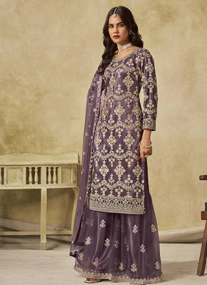 Mauve embroidered sequins work net palazzo kameez 2