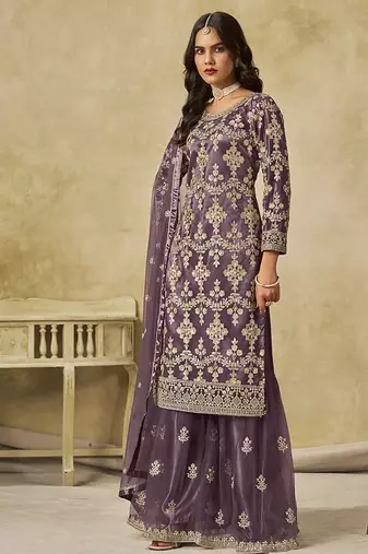 Mauve embroidered sequins work net palazzo kameez