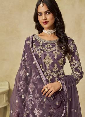 Mauve embroidered sequins work net palazzo kameez 3