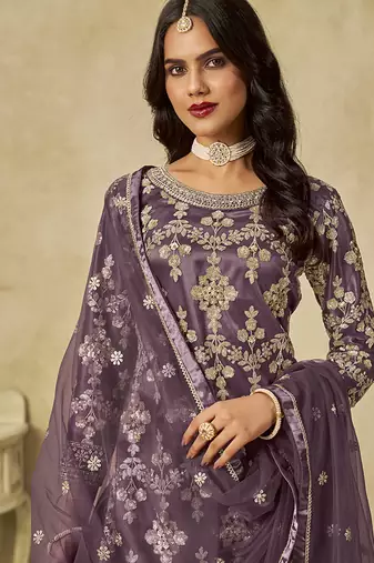 Mauve embroidered sequins work net palazzo kameez