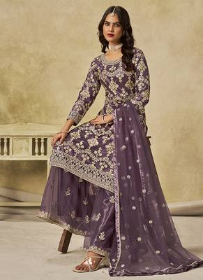 Mauve embroidered sequins work net palazzo kameez 4