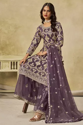 Mauve embroidered sequins work net palazzo kameez