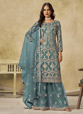 Turquoise embroidered sequins work net palazzo kameez 1